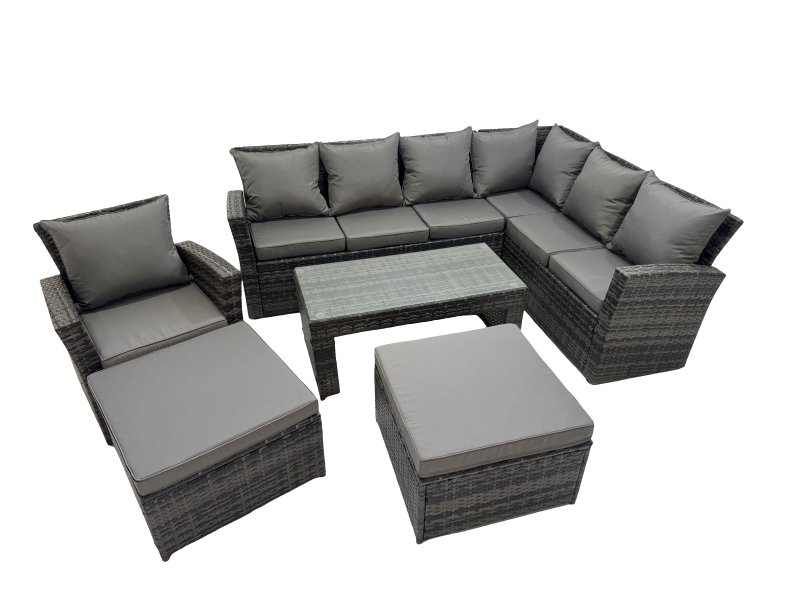 Fimous Rattan Garden Furniture Set 6 Pieces Outdoor Garden Sofa Oblong Coffee Table Set with Chair 2 Big Footstools Dark Grey Mixed