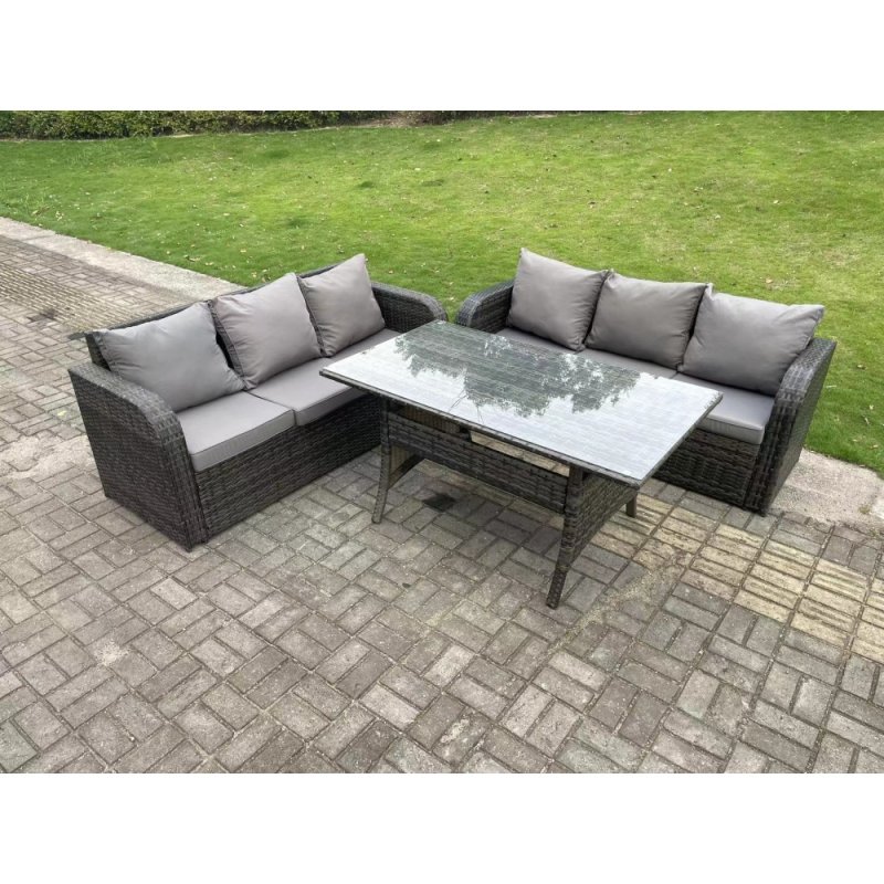 Fimous Dark Grey PE Wicker Rattan Garden Furniture Set Lounge Sofa 3 Seater Sofa Set Outdoor Rectangular Dining Table 6 Seater