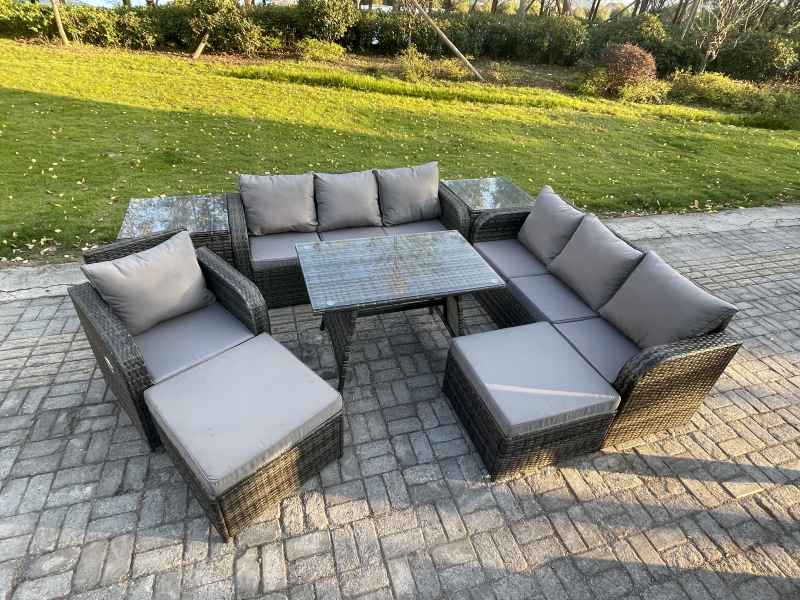 Fimous Wicker 8 Pieces Rattan Garden Furniture Sofa Set with Rectangular Dining Table Armchair 2 Big Footstool 2 Side Table Dark Grey Mixed