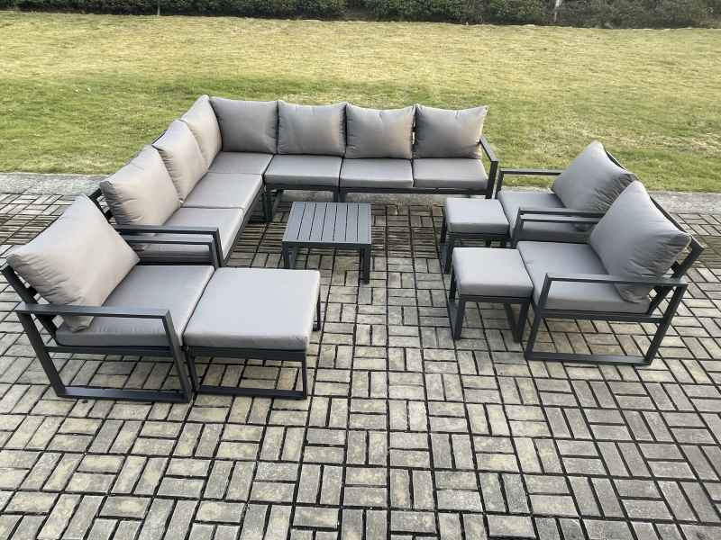 Fimous 12 Seater Outdoor Lounge Corner Sofa Set Aluminum Garden Furniture Sets with Square Coffee Table 3 Chairs 3 Footstools Dark Grey