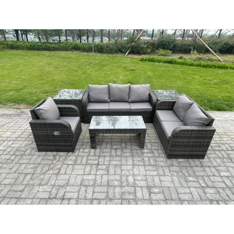 Fimous 6 Seater High Back Rattan Garden Furniture Set with Loveseat Sofa Rectangular Coffee Table 2 Side Tables Indoor Outdoor Patio Lounge Sofa Set Dark Grey Mixed