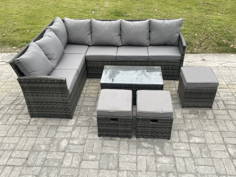 Fimous Rattan Lounge Corner Sofa Set Wicker PE Outdoor Garden Furniture Set with Rectangular Coffee Table 3 Small Footstools Dark Grey Mixed