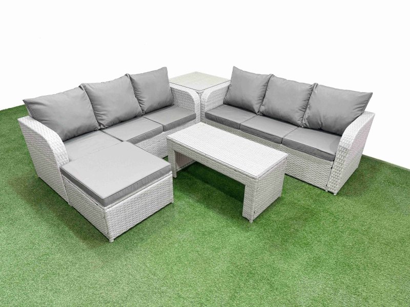 Fimous Outdoor Garden Furniture Sets 7 Seater Wicker Rattan Furniture Sofa Sets with Oblong Coffee Table high Back Lounge Sofa Big Footstool Side Table Light Grey