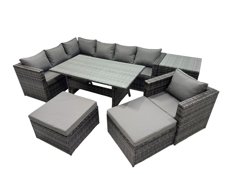 Fimous Outdoor PE Rattan Sofa Set with Dining Table Patio Garden Furniture Sets with Side Table 2 Big Stool Dark Grey Mixed