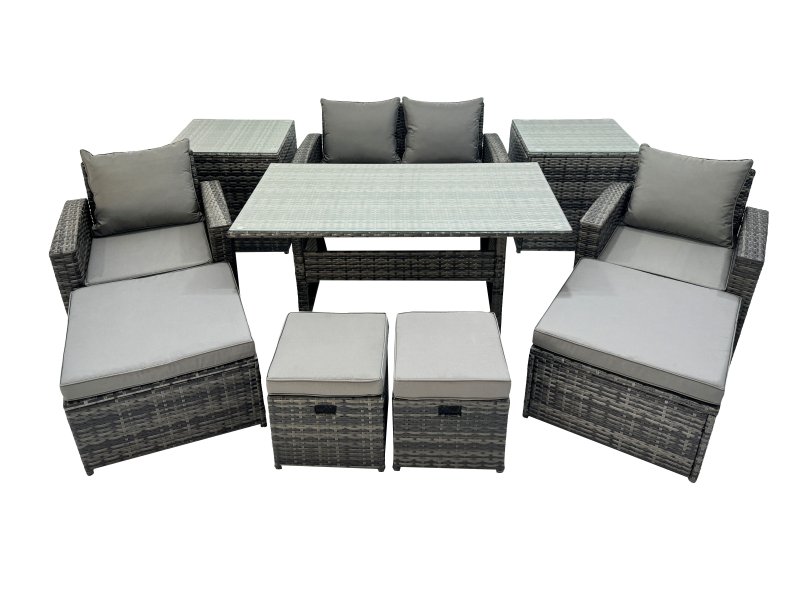 Fimous 8 Seater Wicker PE Rattan Furniture Outdoor Dining Table Double Seat Sofa 2 Side Tables 4 Stools Set Dark Grey Mixed
