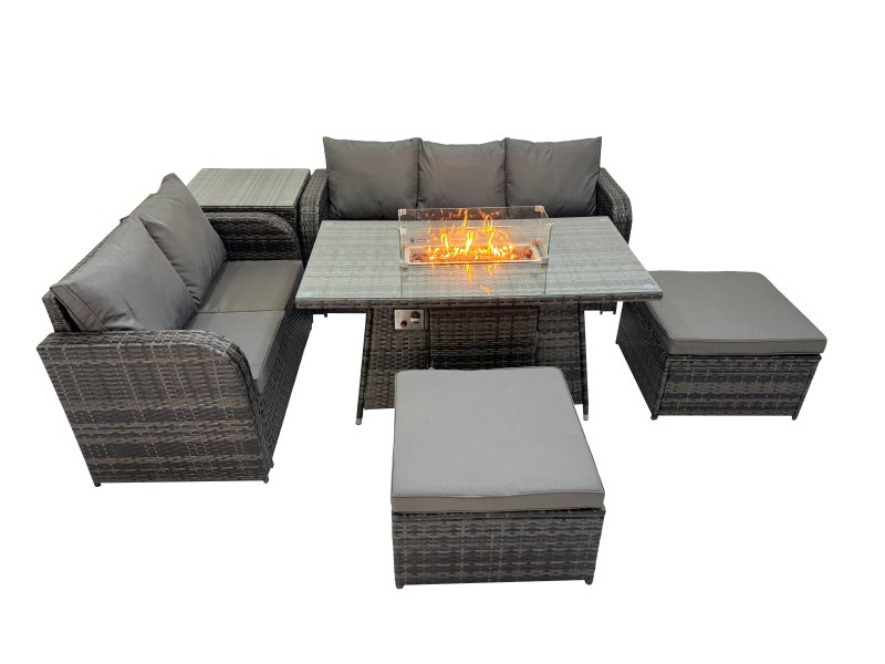 Fimous Garden Outdoor Rattan Furniture Set Rattan Love Sofa 3 Seater Sofa with 2 Big Footstools Side Table Dark Grey Mixed