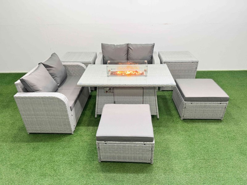 Fimous 6 Seater Outdoor Love Sofa Set Rattan Garden Furniture Set with Firepit Dining Table 2 Footstool 2 Side Tables Light Grey