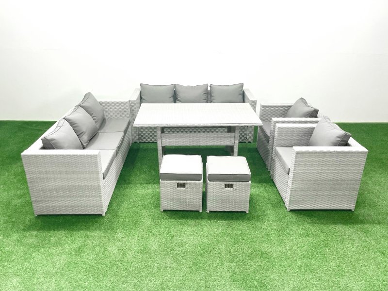 Fimous Rattan Garden Furniture Set Outdoor 8 Seater Patio Dinin g Sofa Sets with Dining Table 2 Chairs 2 Small Footstools Light Grey Mixed