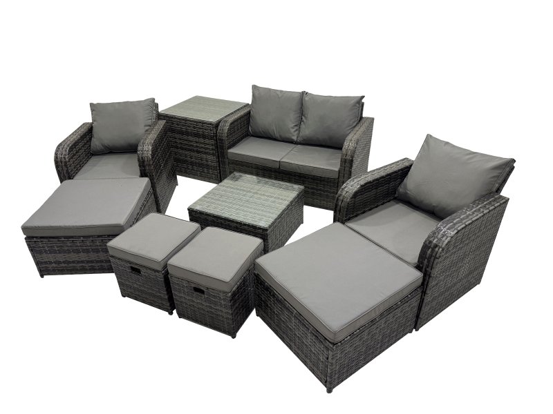 Fimous Rattan Garden Outdoor Furniture Set Love Sofa Reclining Chair Square Coffee Table Set with 4 Stools Side Table Dark Grey Mixed