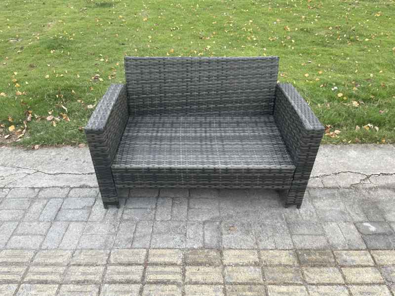 Fimous Dark Grey PE Wicker Rattan Garden Furniture Set Love Sofa Outdoor Rectangular Dining Table Side Table