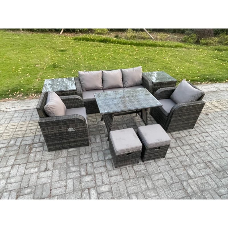 Fimous Outdoor Garden Furniture Sets 8 Pieces Wicker Rattan Furniture Sofa Sets with Rectangular Dining Table 2 Small Footstools 2 Side Tables