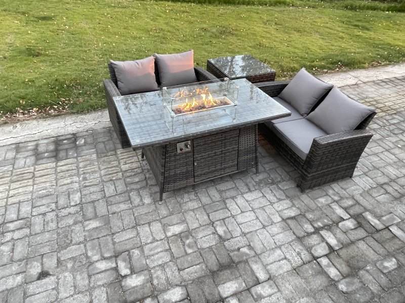 Fimous 4 Pieces Garden Furniture Sets Poly Rattan Outdoor Patio Gas Firepit Dining Table Sofa Set for Garden Backyard Dark Grey Mixed