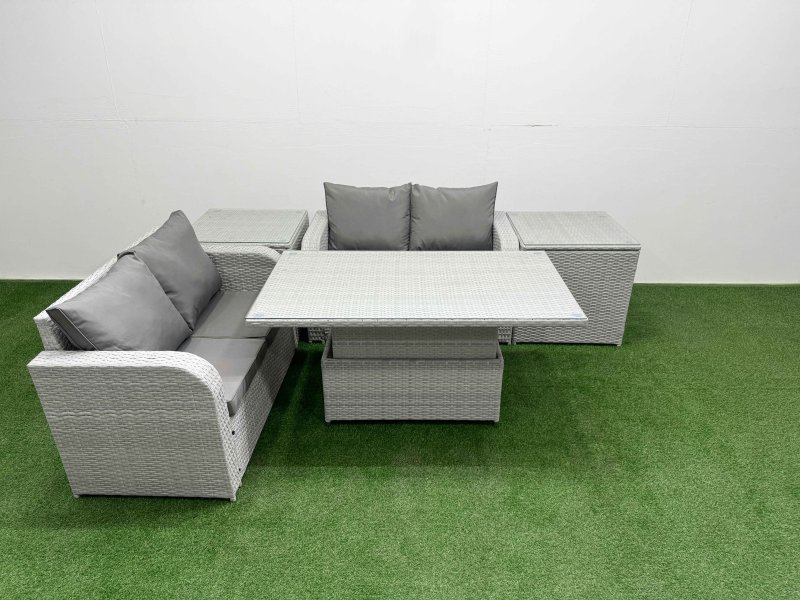 Fimous 4 Seater Outdoor Love Sofa Set Rattan Garden Furniture Set with Adjustable Lifting Dining or Coffee Table 2 Side Tables Light Grey