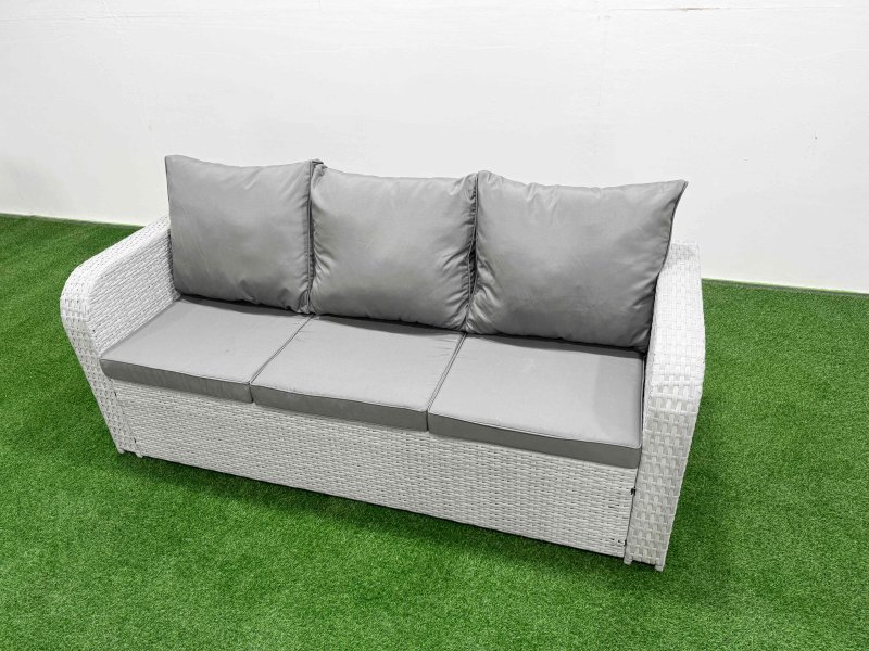 Fimous Rattan Outdoor Table Reclining Chair Sofa Set with Side Table Big Stool Light Grey 7 Seater