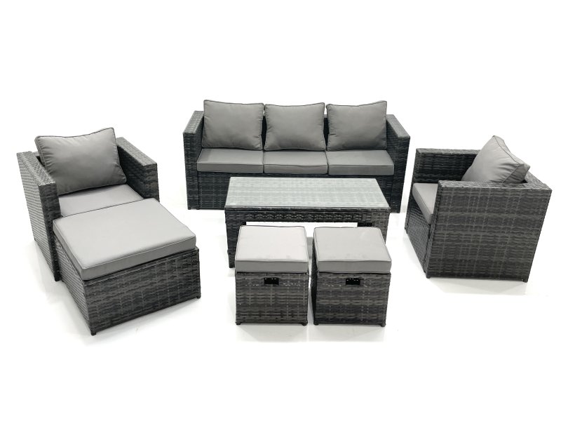 Fimous 8 Seater Rattan Garden Furniture Set Outdoor Lounger Sofa with Coffee Table 2 Armchair 3 Footstools Dark Grey Mixed