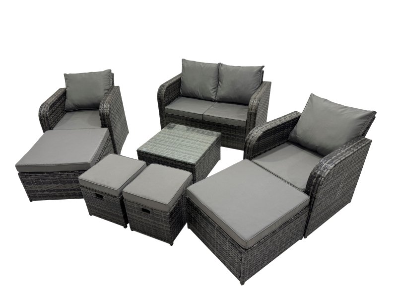 Fimous Rattan Garden Outdoor Furniture Set Love Sofa Reclining Chair Square Coffee Table Set with 4 Stools Dark Grey Mixed