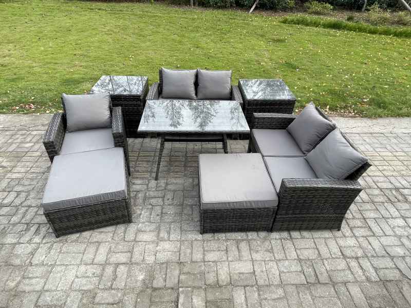 Fimous Garden Dining Set Wicker PE Rattan Outdoor Furniture Sofa with Rectangular Dining Table Double Seat Sofa 2 Side Tables 2 Big Footstool Dark Grey Mixed
