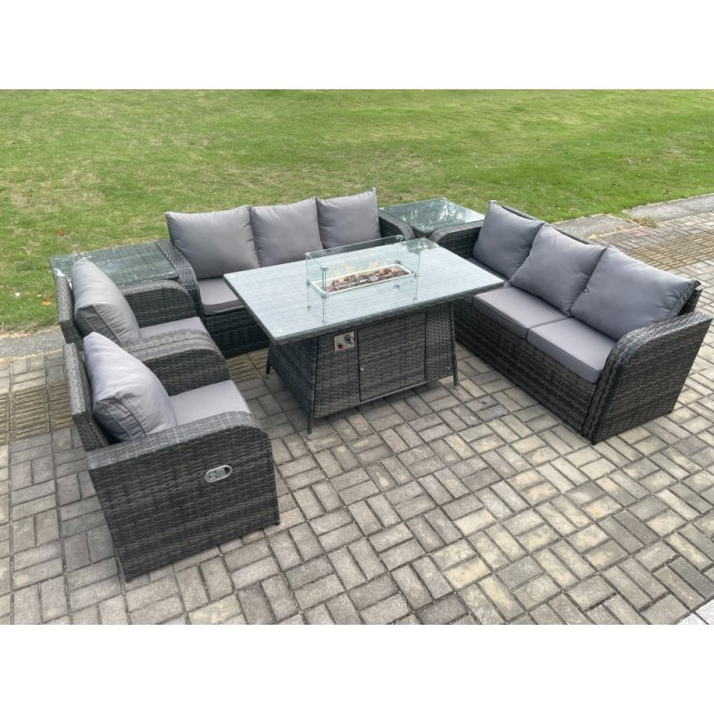 Fimous Patio Rattan Garden Furniture Set with Fire Pit Table,Chair and Side Table 8 Seater Outdoor Indoor Lounge Sofa Set Dark Grey Mixed