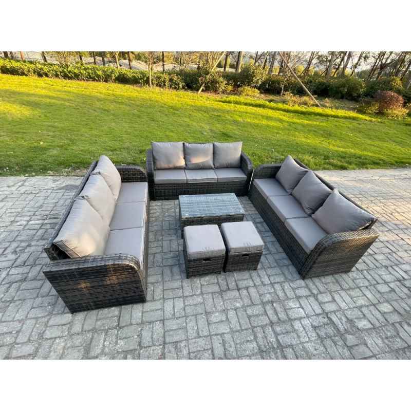 Fimous Rattan Lounge Sofa Set 11 Seater Outdoor Garden Furniture Set with Rectangular Coffee Table 3 Seater Sofa 2 Small Footstools Dark Grey Mixed
