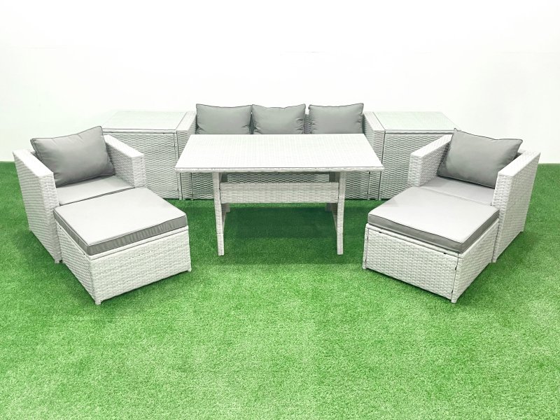 Fimous Garden Dining Set Outdoor Rattan Furniture Set with Sofa Dining Table 2 Chairs 2 Big Footstools 2 Side Tables Light Grey Mixed