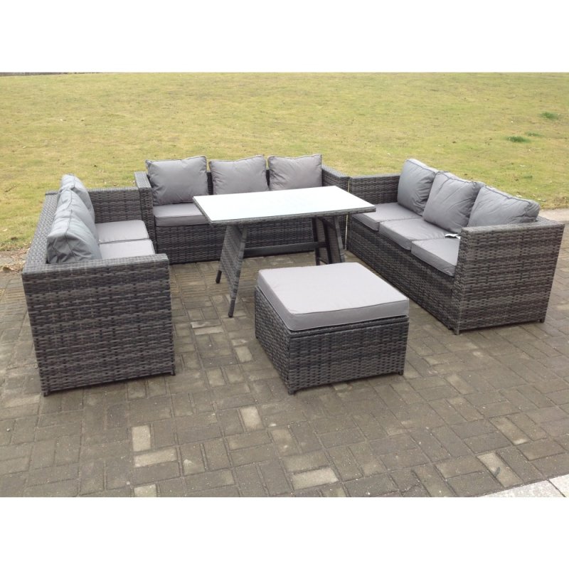 Fimous Outdoor Rattan Garden Furniture Lounge Sofa Set With Oblong Dining Table With Clear Tempered Glass And Big Footstool