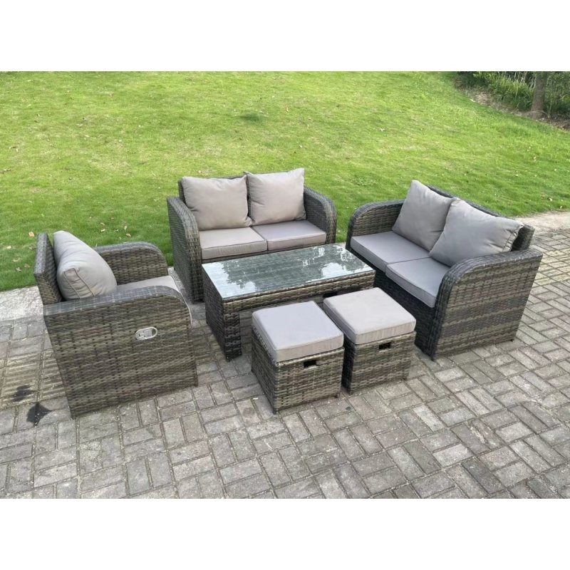 Fimous 7 Seater Dark Grey PE Wicker Rattan Garden Furniture Set Reclining Chair Love Sofa 2 Seater Sofa Set Outdoor Oblong Coffee Table Stools High Back