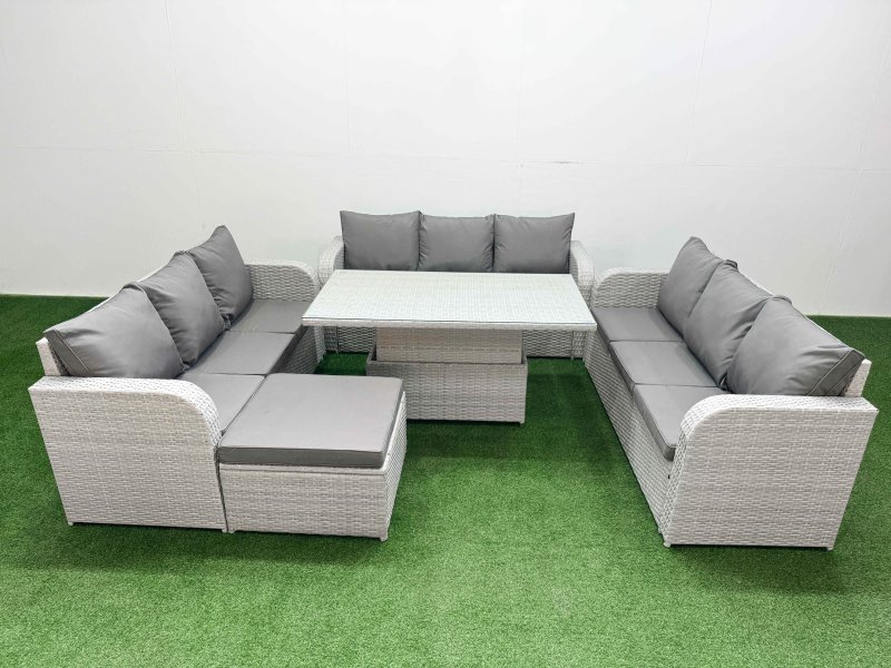 Fimous PE Rattan Lounge Sofa Set 10 Seater Outdoor Garden Furniture Set with Adjustable Lifting Dining or Coffee Table 3 Seater Sofa Big Footstool Light Grey