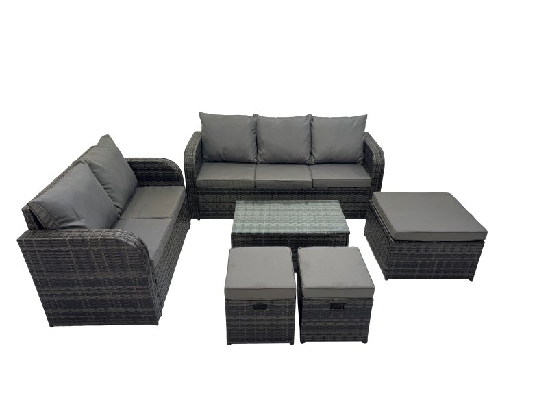 Fimous Outdoor Love Sofa 3 Seater Sofa Coffee Table Set Garden Rattan Furniture Set 8 Seater with 3 Stools Dark Grey