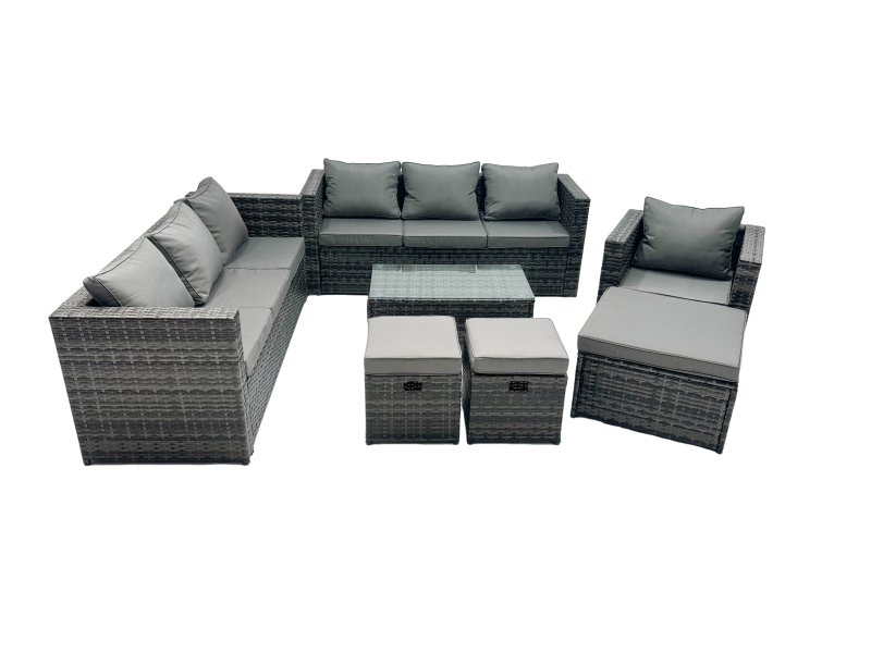 Fimous Rattan Garden Furniture Dining Set 10-seater Patio Coffee Table Sofa Set with 3 Stools Dark Grey Mixed