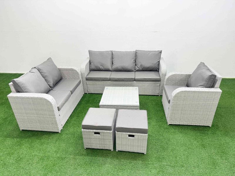 Fimous Patio PE Wicker 8 Seater Outdoor Rattan Furniture Sofa Sets with Square Coffee Table Reclining Chair Loveseat Sofa 3 Seater Sofa Stool Light Grey