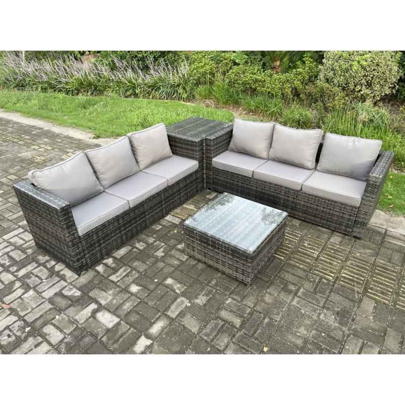 Fimous Rattan Garden Furniture Set 6 Seater Patio Outdoor Lounge Sofa Set with Side Table Square Coffee Table Dark Grey Mixed