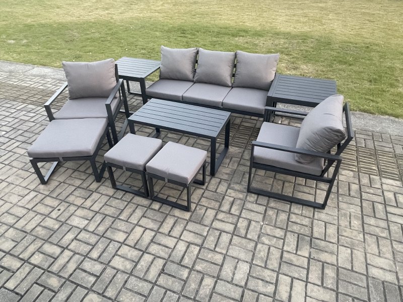 Fimous Aluminium 9 Pieces Garden Furniture Sofa Set with Cushions 8 Seater Outdoor Patio Set with 2 Armchair 3 Footstools 2 Side Table Dark Grey