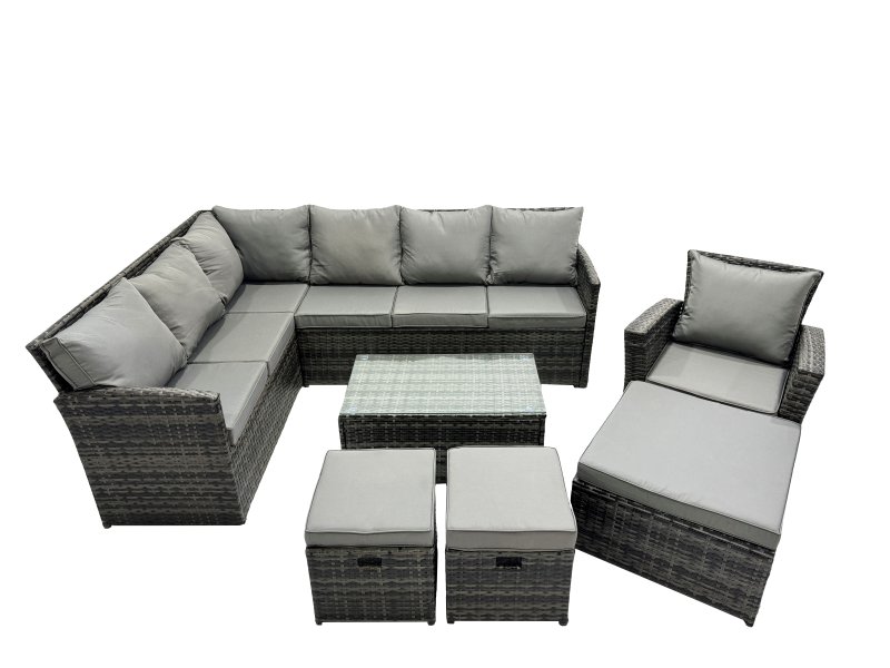 Fimous 10 Seat Poly Rattan Outdoor Patio Coffee Table Corner Sofa Set with 3 Stools Chair for Garden Backyard Dark Grey Mixed