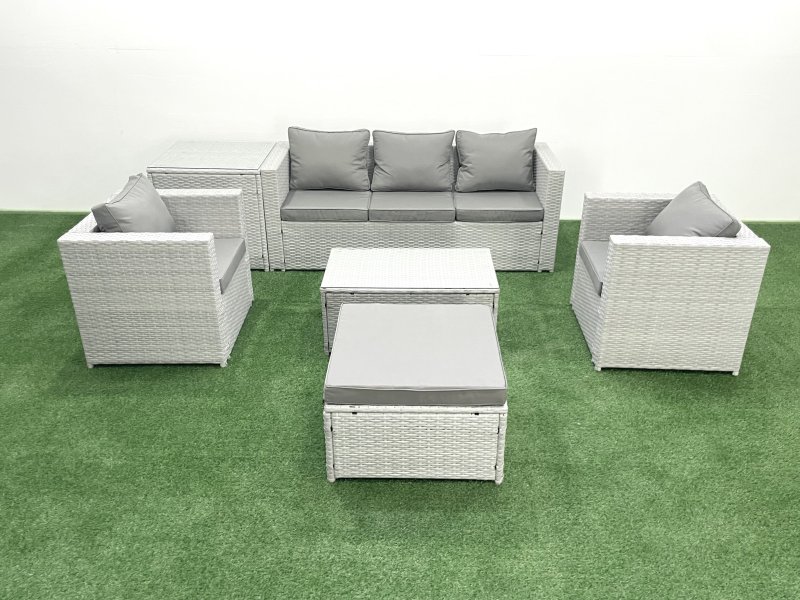 Fimous Rattan Garden Furniture Set with 3 Seater Sofa 2 Chair Rectangular Coffee Table Big Footstool Side Table Light Grey Mixed 6 Seater