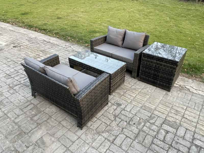 Fimous 4 Pieces Garden Furniture Sets Poly Rattan Outdoor Patio Furniture PE Wicker Furniture Set with Loveseat and Table for Garden Backyard Dark Grey Mixed