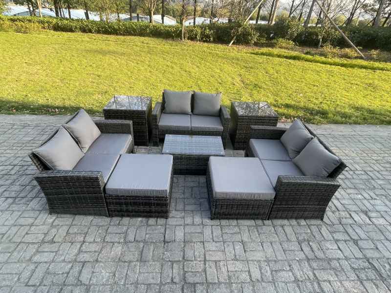 Fimous 8 pc Rattan Sofa Garden Furniture Outdoor Patio Set with 2 Side Tables 2 Big Footstool Love Seat Sofa Dark Grey Mixed