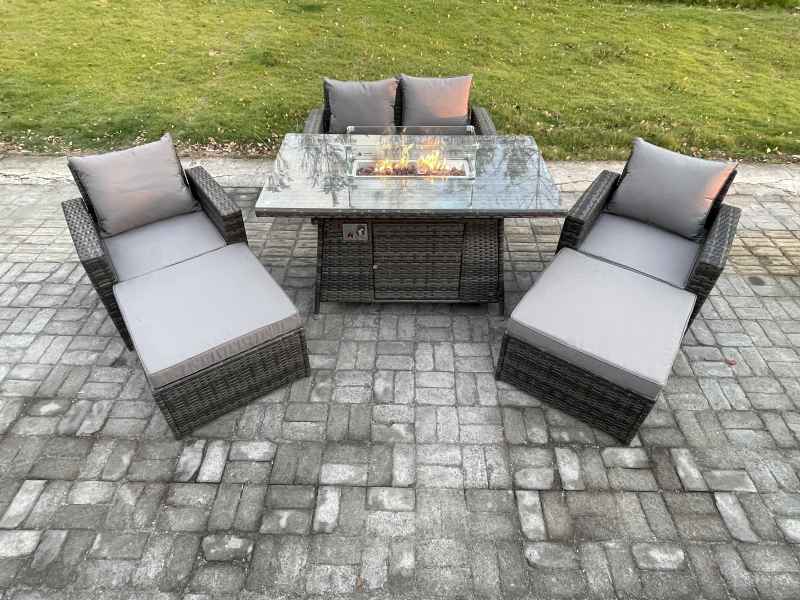 Fimous 6 Seater Rattan Garden Furniture Set Outdoor Lounge Sofa Chair Gas Fire Pit Dining Table Set With 2 Big Footstool Double Seat Sofa Armchiar