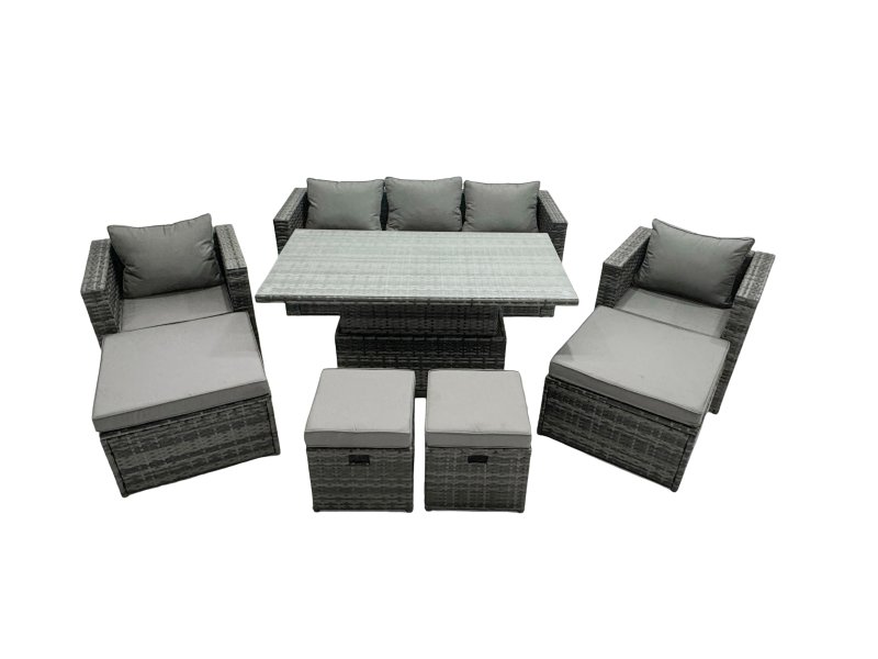 Fimous PE Rattan Garden Furniture Set Lounge Sofa Rising Dining Table Set with 4 Footstool Dark Grey Mixed