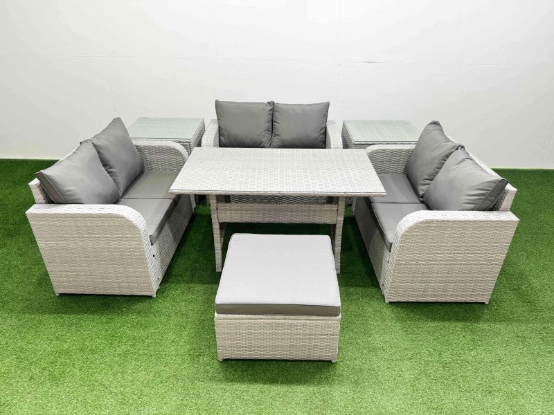 Fimous 7 Seater PE Wicker Rattan Furniture Sofa Sets with Rectangular Dining Table 2 Seater Love Sofa Big Footstool 2 Side Table Light Grey