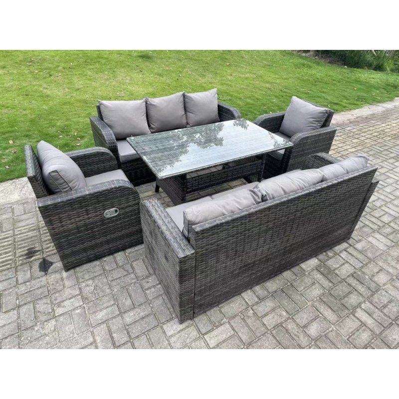 Fimous 8 Seater Dark Grey PE Wicker Rattan Garden Furniture Set Reclining Chair Lounge 3 Seater Sofa Set Outdoor Rectangular Dining Table