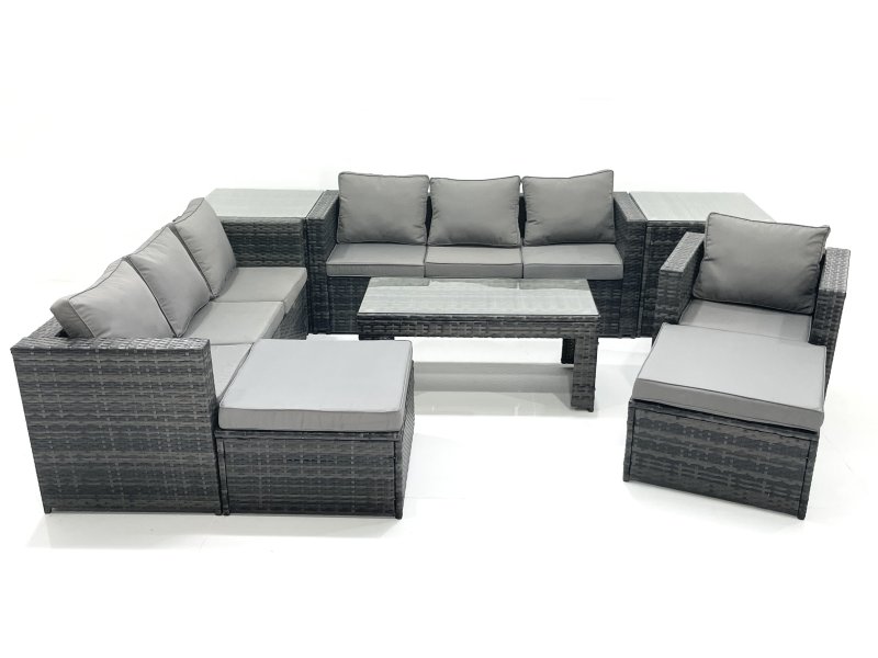 Fimous 9 Seater Rattan Garden Outdoor Furniture Set with 3 Seater Sofa Coffee Table 2 Big Footstool 2 Side tables