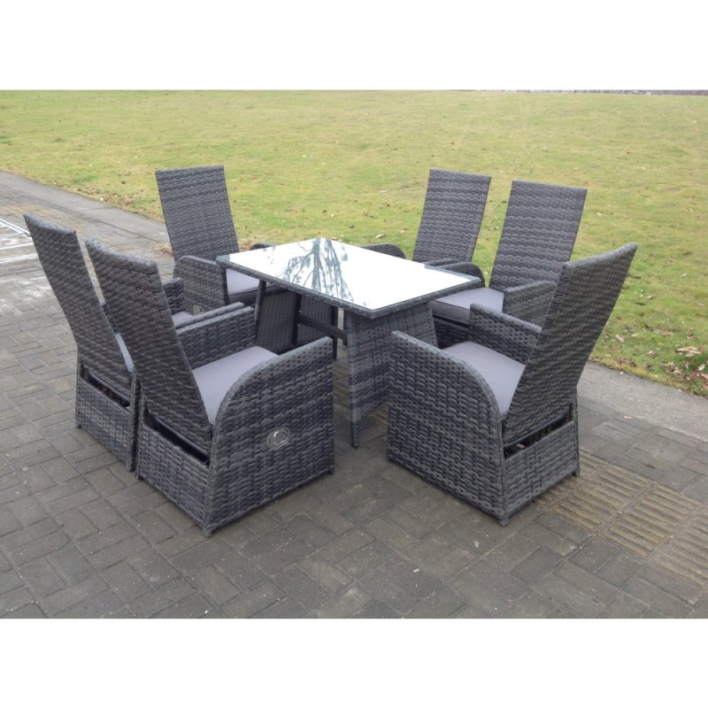 Fimous Oblong Rectangular Table Adjustable Reclining Chair Rattan Dining Set Outdoor Garden Furniture Table And Chair Set Mixed Grey 6 Chairs