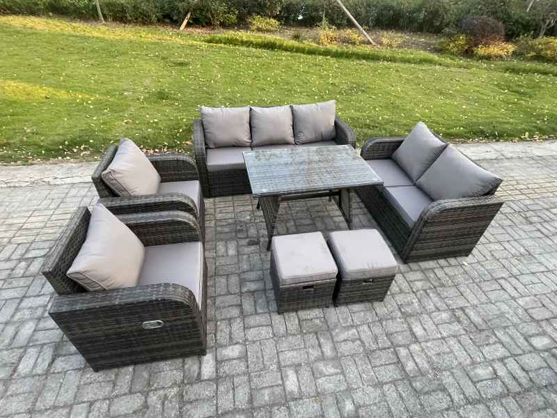 Fimous Outdoor Rattan Garden Furniture Set 9 Seater Patio Lounge Sofa Set with Dining Table 2 Small Footstools Dark Grey Mixed