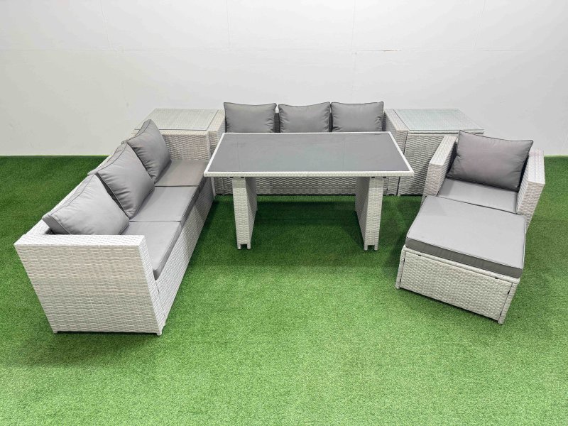 Fimous Patio Garden Furniture Sets with Black Glass Top Dining Table 3 Seater Sofa Armchair 2 Side Tables Big Stool Light Grey