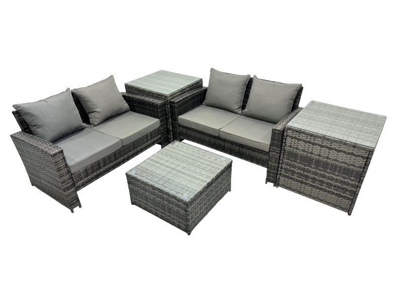 Fimous PE Rattan Garden Furniture Set Lounge Double Seat Sofa Coffee Table Set with 2 Side Tables Dark Grey Mixed