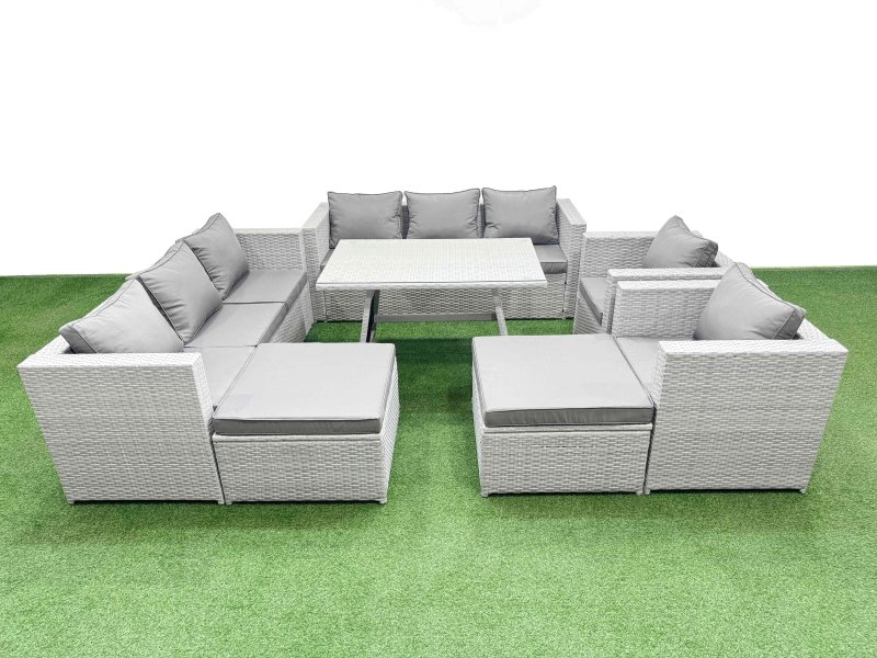 Fimous 10 Seater Garden Furniture Set PE Ratten Garden Sofa Set with Rectangular Dining Table 2 Big Stool Light Grey