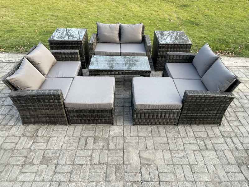 Fimous Outdoor U Shape Sofa Set Wicker PE Rattan Garden Furniture Set with Coffee Table Double Seat Sofa 2 Big Footstool 2 Side Tables Dark Grey Mixed