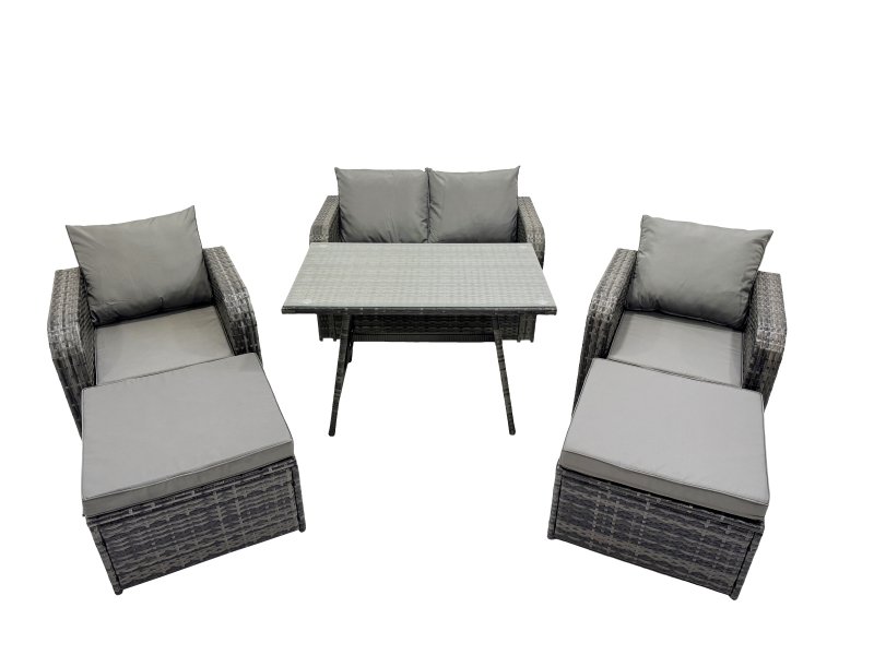 Fimous 6 Seater Garden Outdoor Rattan Furniture Set Rattan Sofa Oblong Dining Table with 2 Big Stools Dark Grey