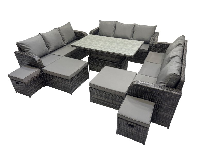 Fimous Rattan Garden Furniture Dining Set 13-seater Patio Height Adjustable Rising Lifting Table Sofa Set with 4 Footstools Dark Grey Mixed