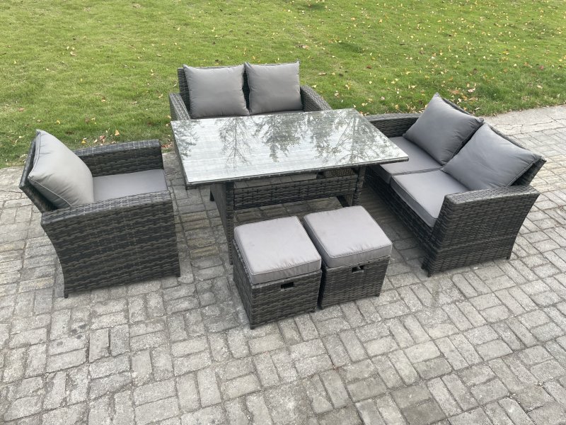 Fimous Wicker Rattan Garden Dining Set Outdoor Furniture Sofa with Dining Table Double Seat Sofa 2 Small Footstools Dark Grey Mixed